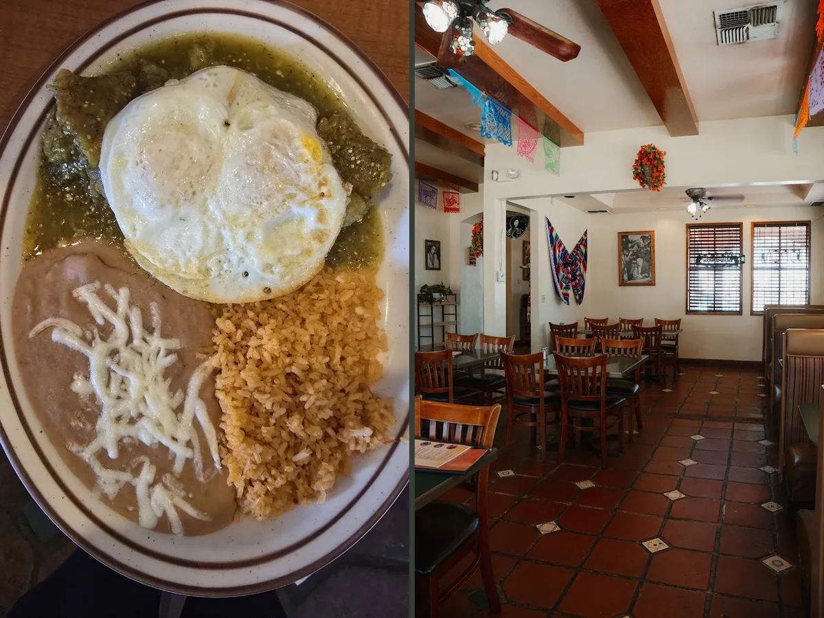 Breakfast dishes served in a cozy, busy space.